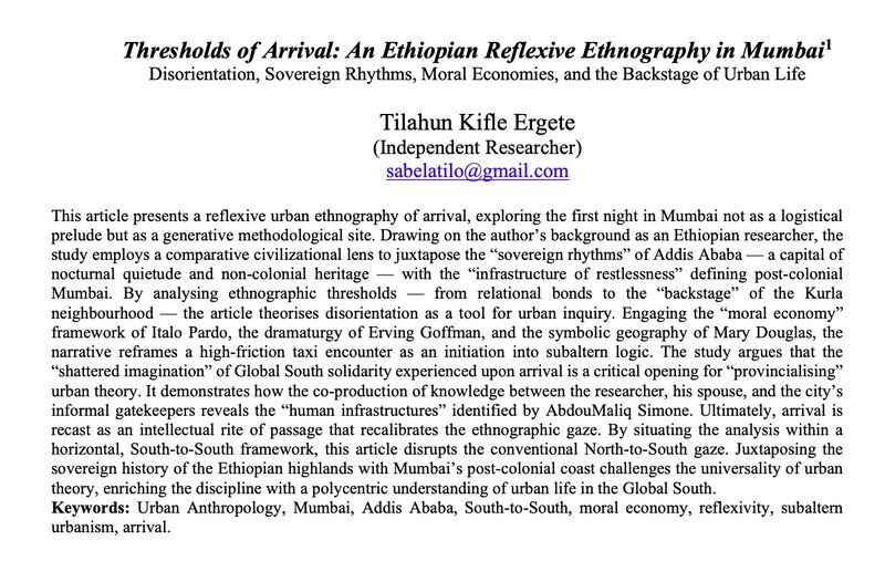 Thresholds of Arrival: An Ethiopian Reflexive Ethnography in Mumbai